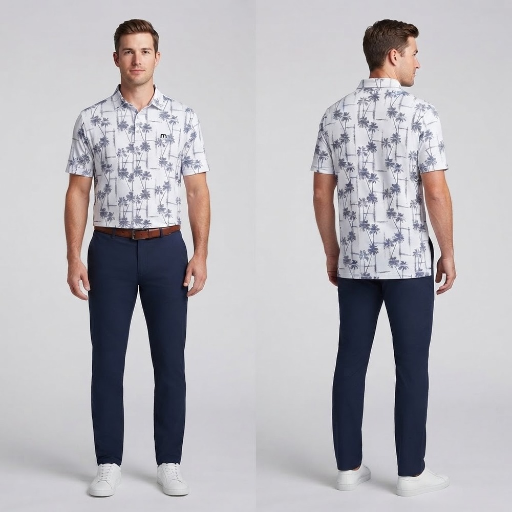 Travis Mathew Mens Palm Tree Print Golf Polo Shirt White Grey Large